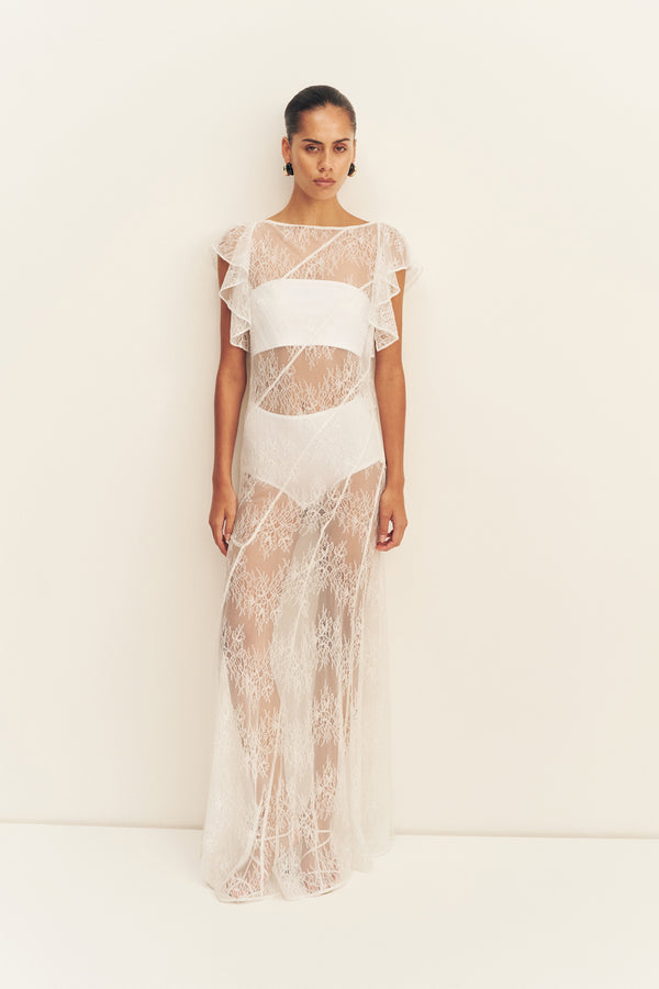 LABYRINTH SHEER LACE PANELLED MAXI DRESS - IVORY