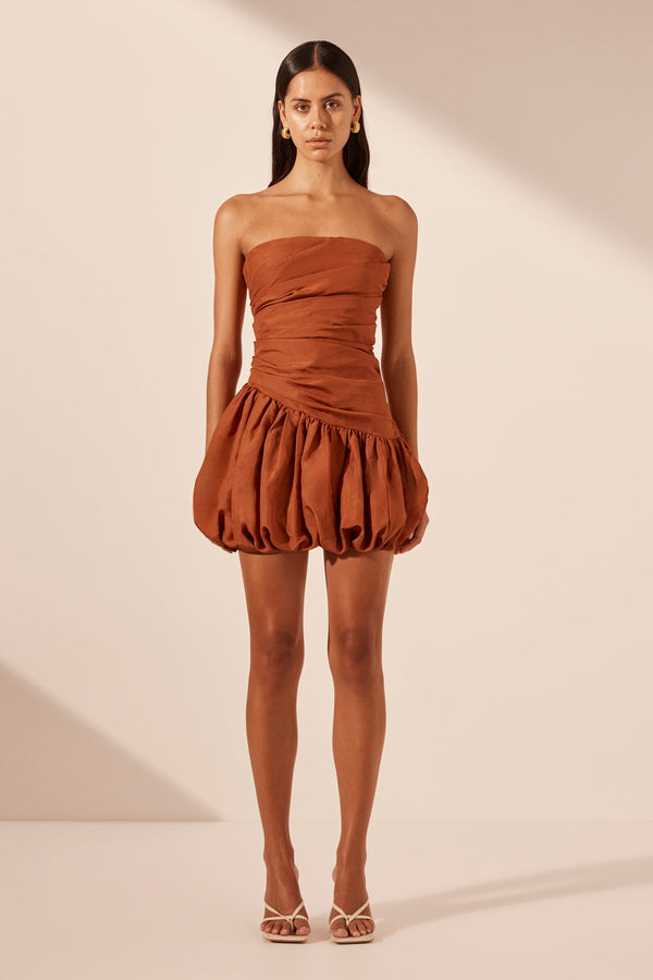 CELESTE STRAPLESS BUBBLE MINI DRESS - RUST_F