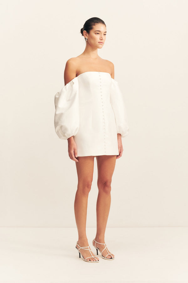 CALCITE BALLOON SLEEVE OFF SHOULDER MINI DRESS