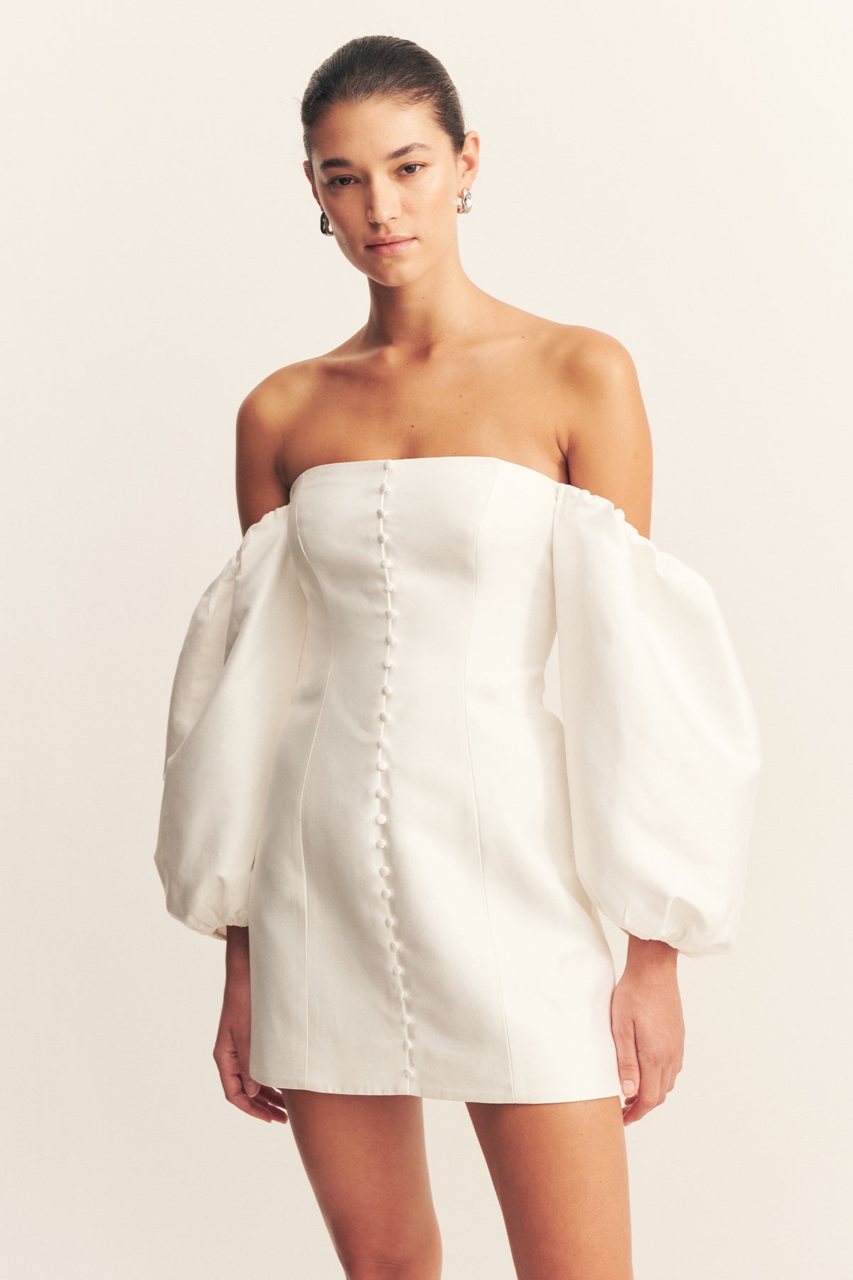 Calcite Balloon Sleeve Off Shoulder Mini Dress | Ivory | Dresses