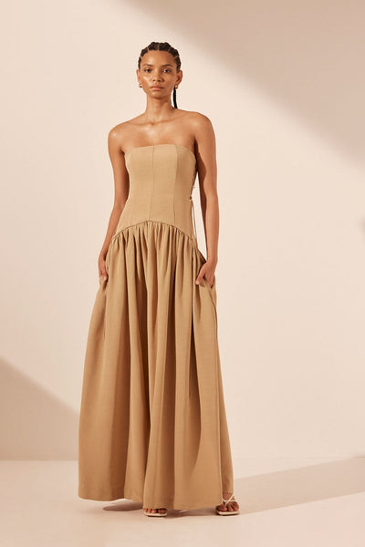 Vento Lace Up Strapless Maxi Dress | Sand | Dresses | Shona Joy