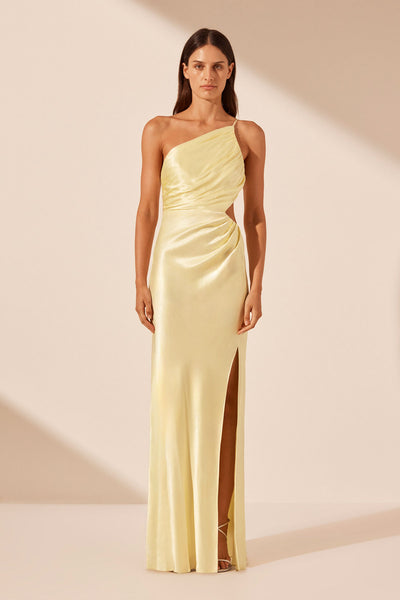 La Lune Asymmetrical Gathered Maxi Dress, Lemon, Dresses