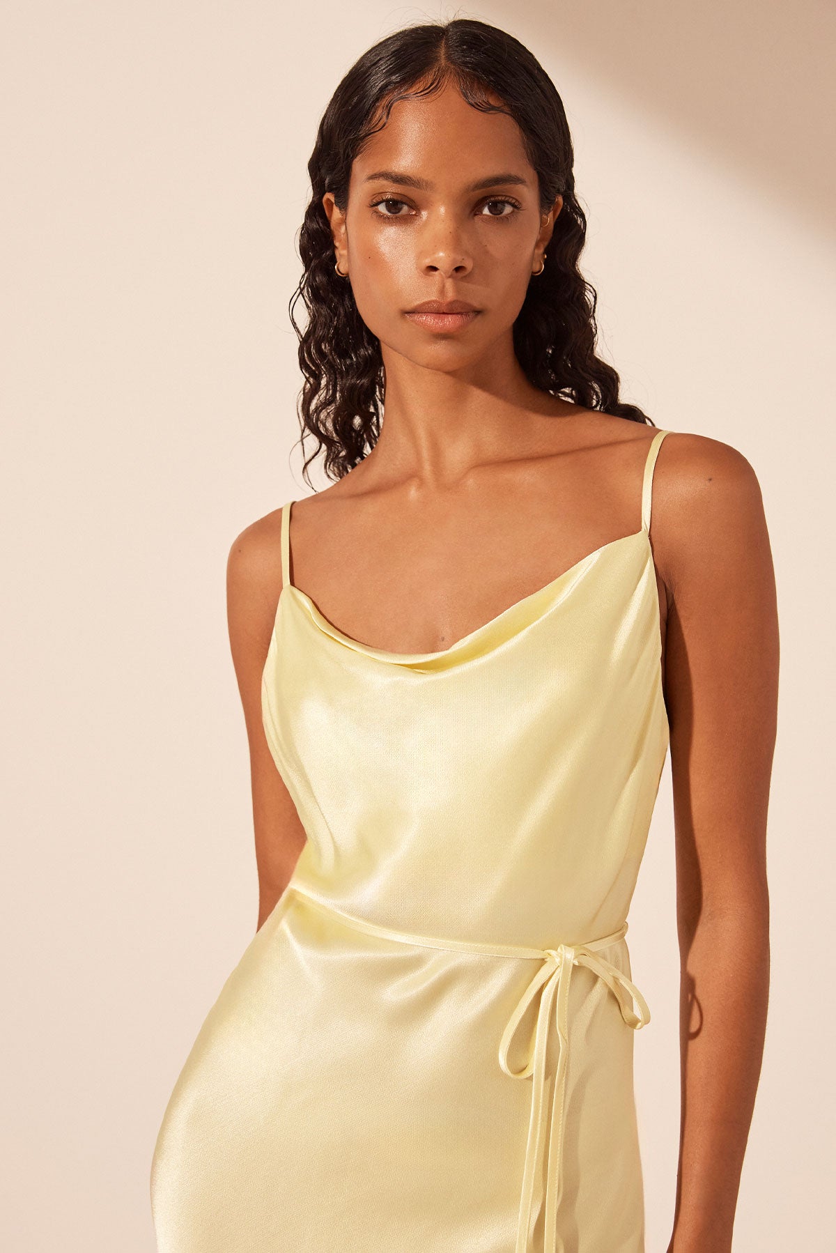 Yellow Midi Dress - Satin Cowl Neck Dress - Cream Adjustable Runched Dress