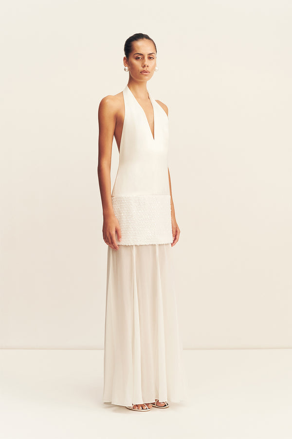 BIANCA HALTER PLUNGED MAXI DRESS - IVORY