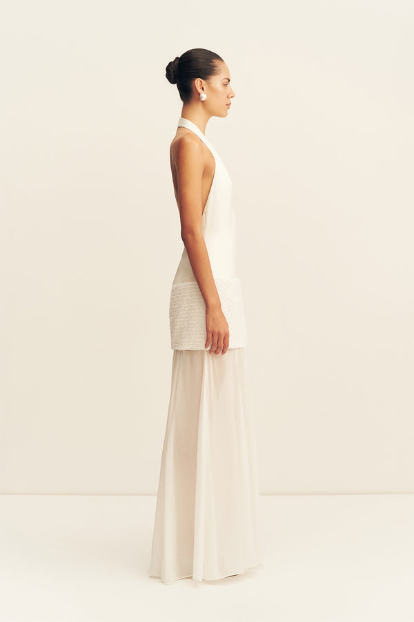 BIANCA HALTER PLUNGED MAXI DRESS - IVORY