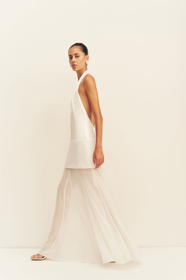 BIANCA HALTER PLUNGED MAXI DRESS - IVORY