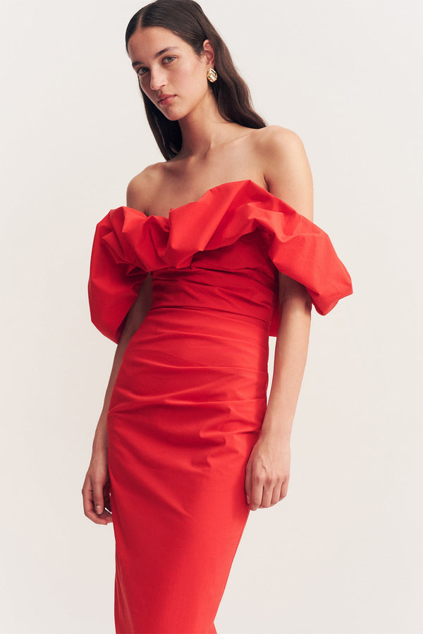off the shoulder maxi dress red Shona Joy - Campbell Off Shoulder Bubble Maxi Dress - Goji