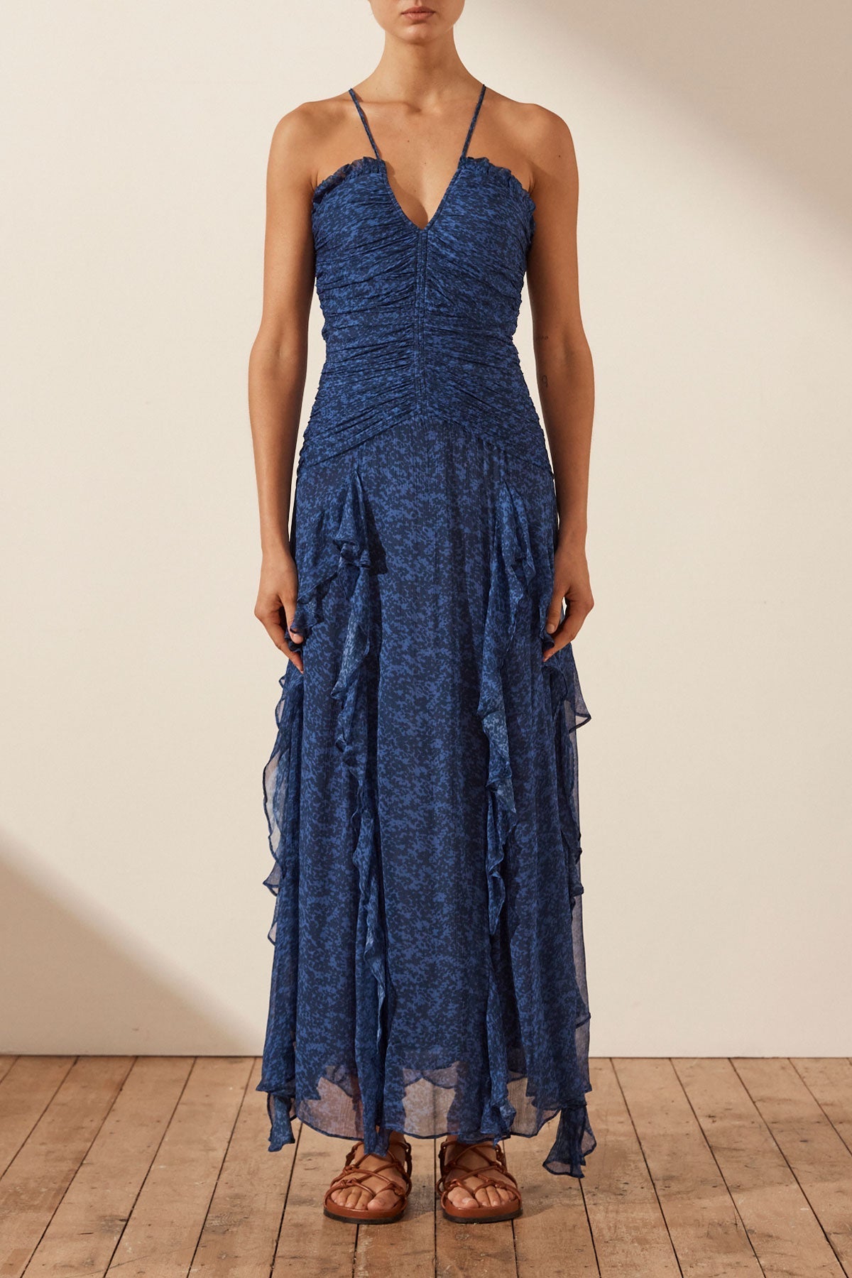 Saldanha Ruched Frill Maxi Dress | Strong Blue/Deep Blue | Dresses ...