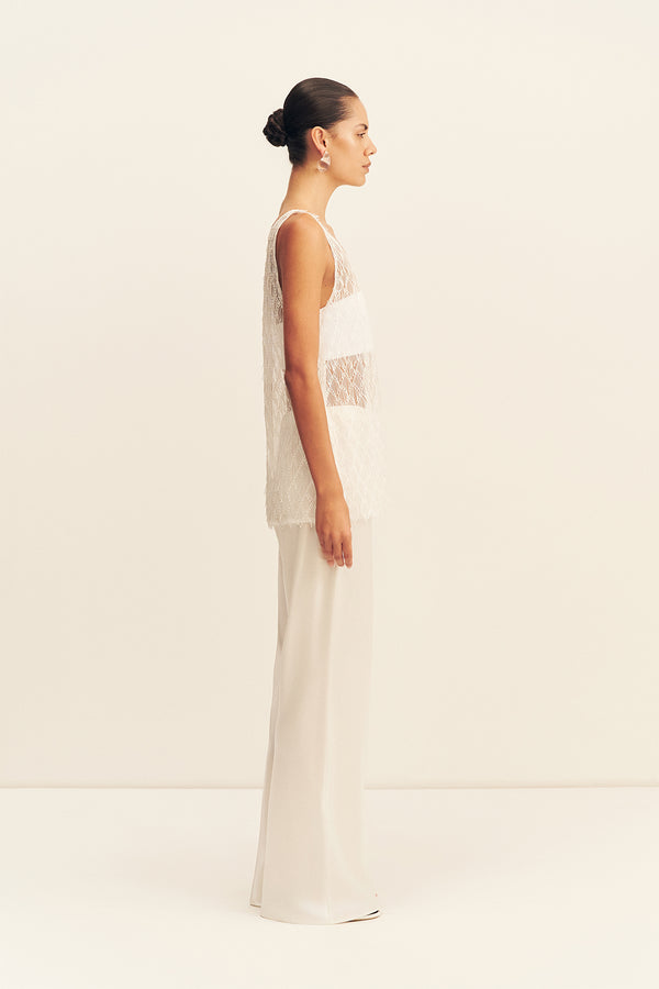 TALITHA SHEER FRINGE SCOOP NECK TOP - IVORY