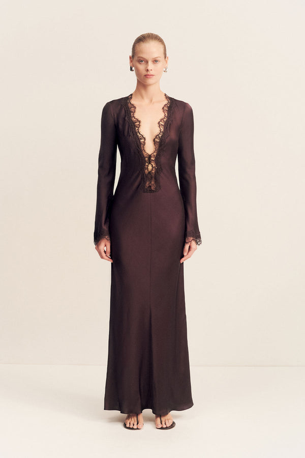 ALLEGRA LACE PLUNGED MAXI DRESS - ESPRESSO_F