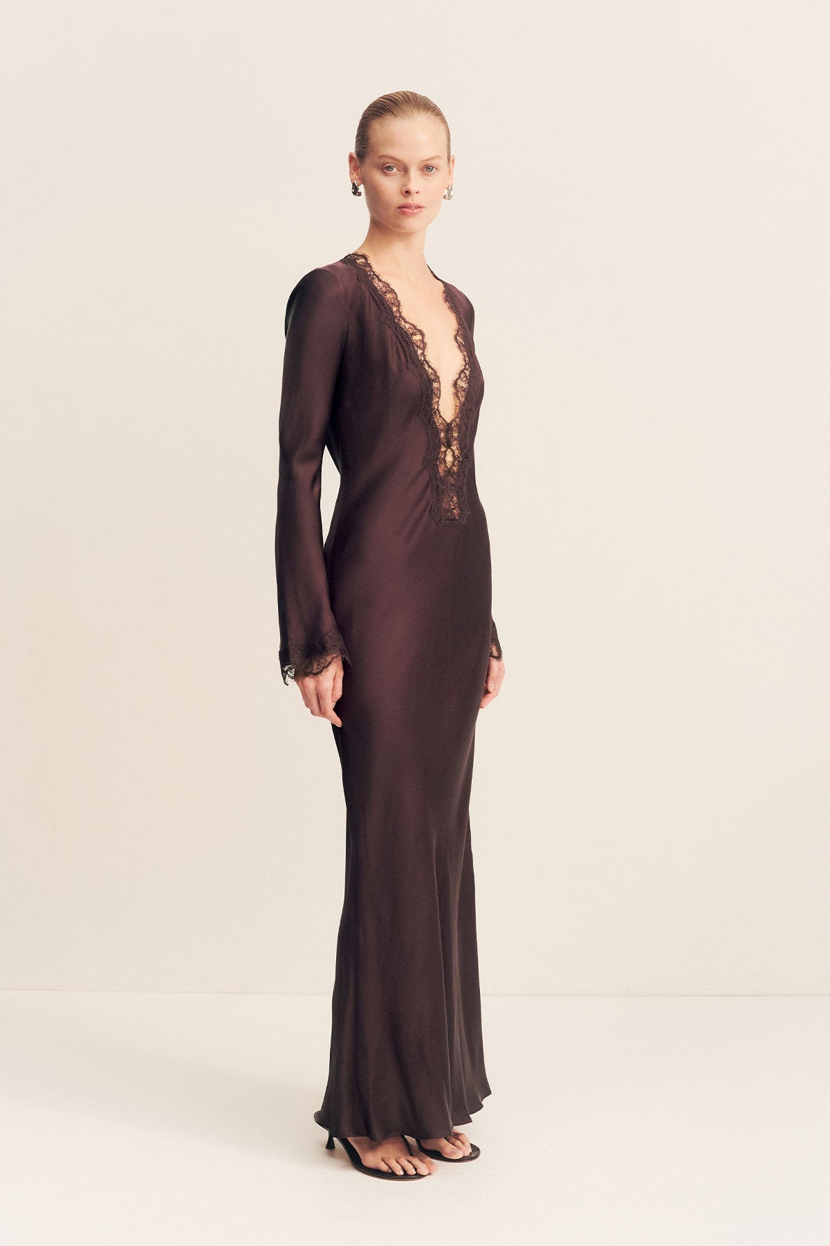 Allegra Lace Plunged Maxi Dress | Espresso | Dresses | Shona Joy