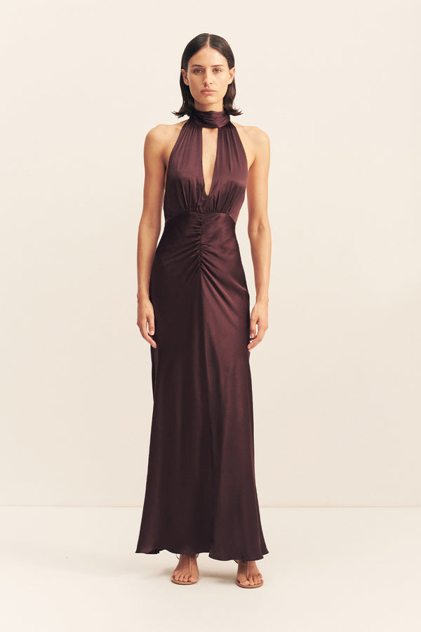 LA LUNE HALTER NECK MAXI DRESS - ESPRESSO_F