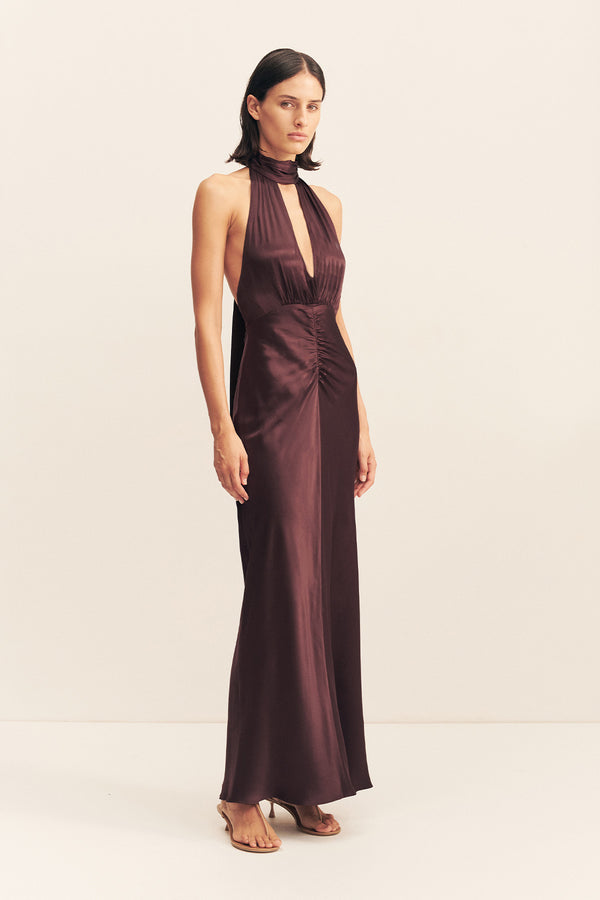 LA LUNE HALTER NECK MAXI DRESS - ESPRESSO
