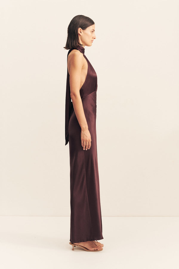 LA LUNE HALTER NECK MAXI DRESS - ESPRESSO