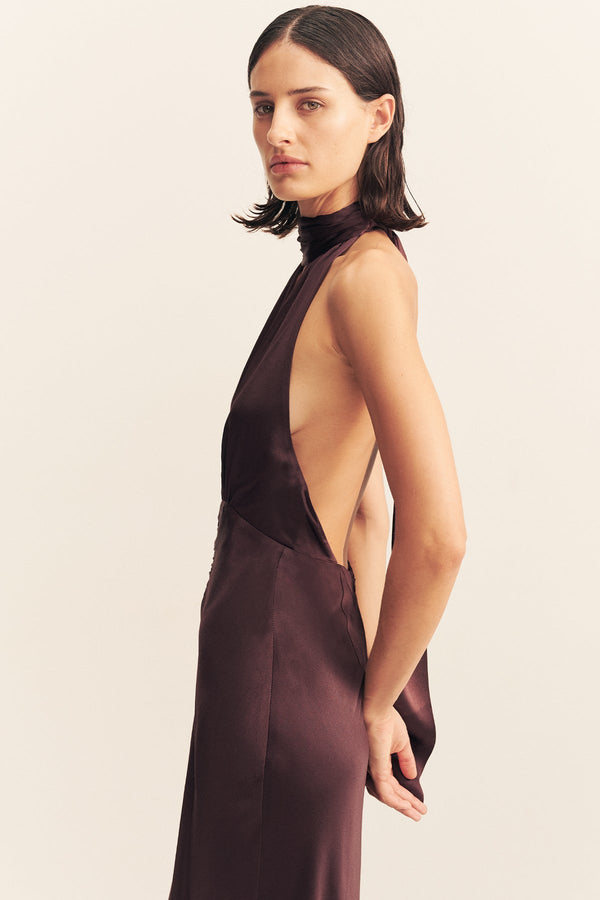 LA LUNE HALTER NECK MAXI DRESS - ESPRESSO