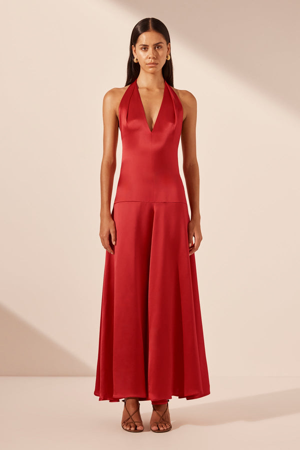 SAVANNA HALTER OPEN BACK MAXI DRESS - CHILLI_F