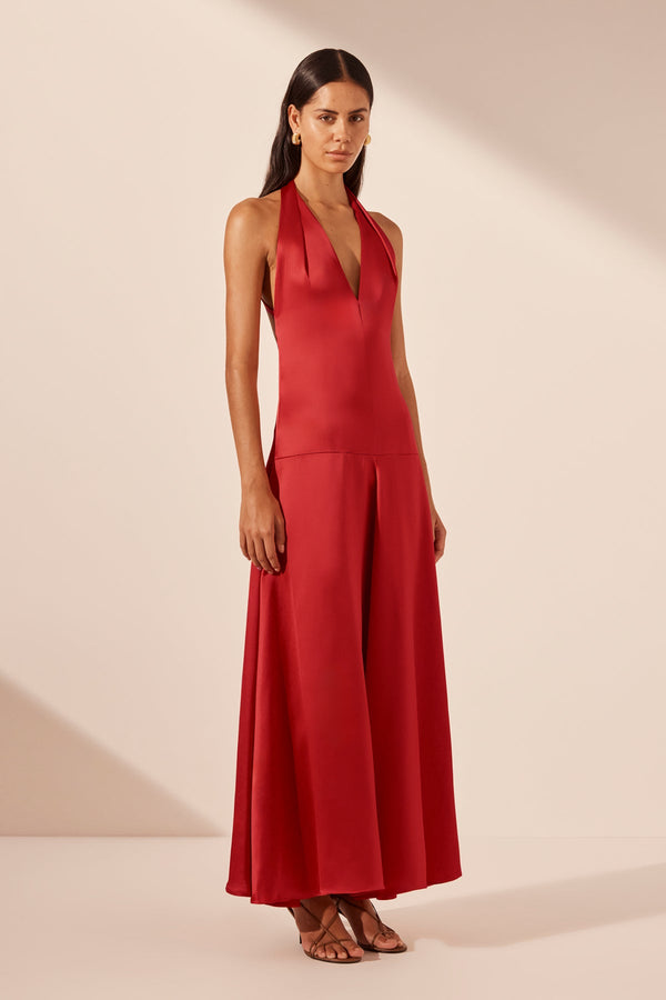 SAVANNA HALTER OPEN BACK MAXI DRESS - CHILLI_A