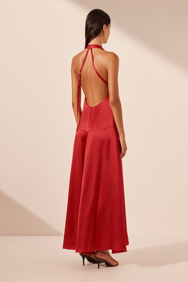 SAVANNA HALTER OPEN BACK MAXI DRESS - CHILLI_B