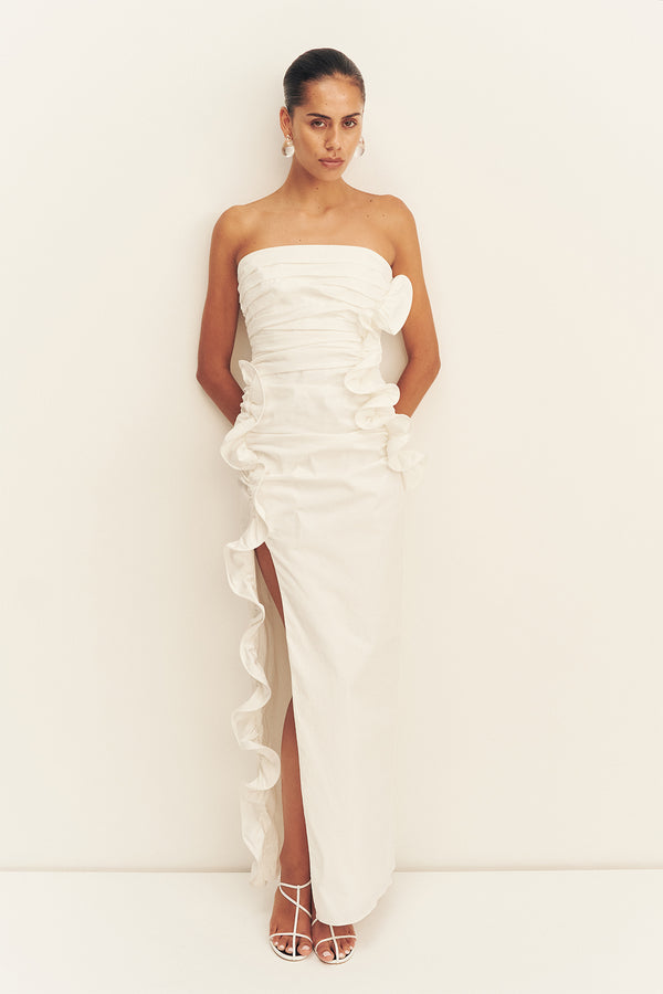 CAMPBELL RUFFLE SIDE SPLIT MAXI DRESS - IVORY
