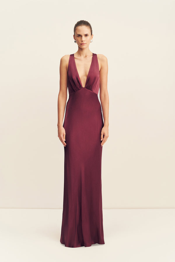 LA LUNE PLUNGED CROSS BACK MAXI DRESS - SHIRAZ_F