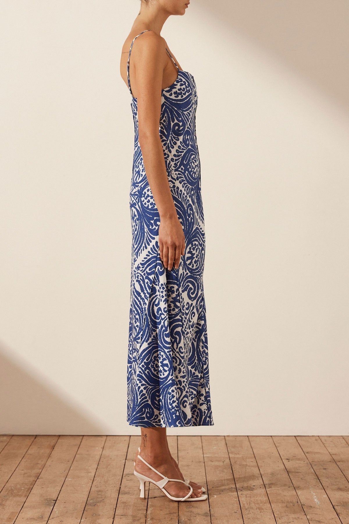 Pombeline Linen Bias Slip Midi Dress, Ivory/Deep Blue, Dresses
