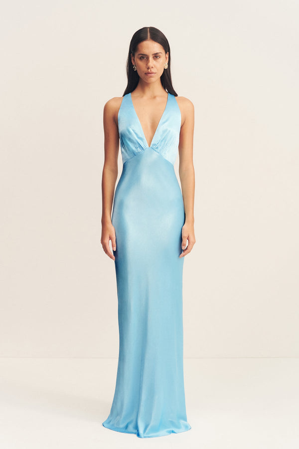 LA LUNE PLUNGED CROSS BACK MAXI DRESS - ICEBERG BLUE_F