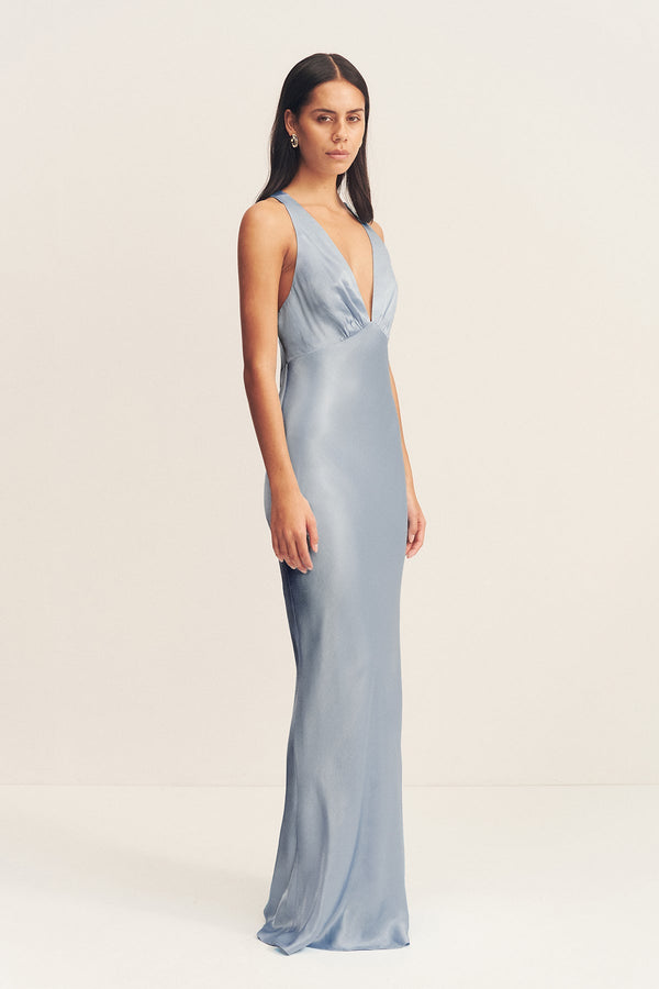 LA LUNE PLUNGED CROSS BACK MAXI DRESS - POWDER BLUE_A