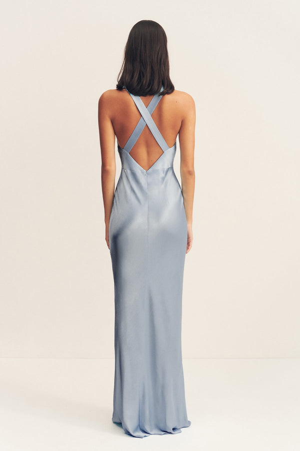 LA LUNE PLUNGED CROSS BACK MAXI DRESS - POWDER BLUE_B