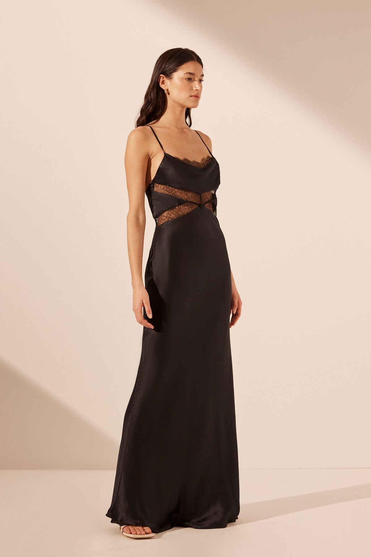 Leticia Silk Cowl Neck Lace Maxi Dress | Black | Dresses | Shona Joy