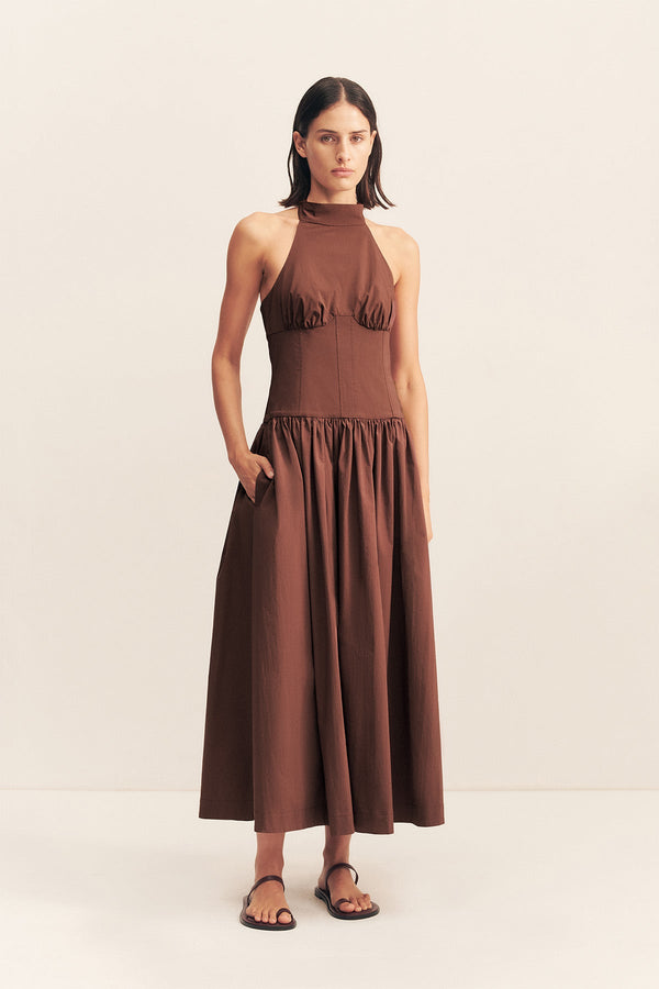 CAMPBELL HALTER NECK MIDI DRESS - ESPRESSO_F