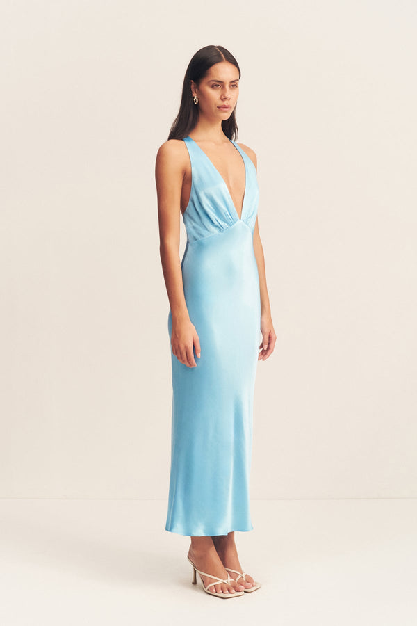 LA LUNE PLUNGED CROSS BACK MIDI DRESS - ICEBERG BLUE_A