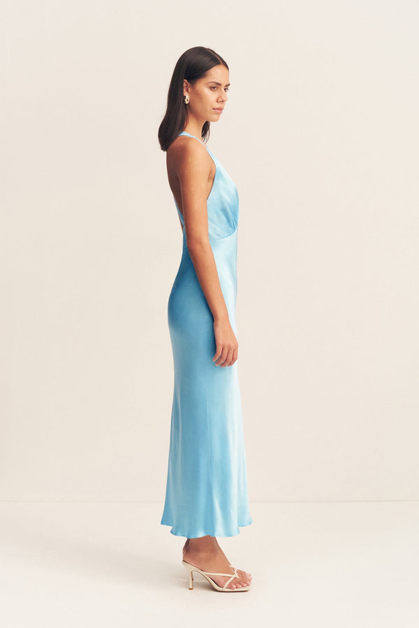 LA LUNE PLUNGED CROSS BACK MIDI DRESS - ICEBERG BLUE_S