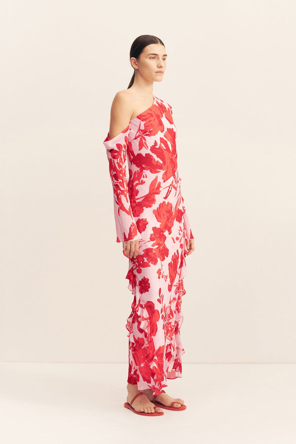 ALEYNA LONG SLEEVE RUFFLE MAXI DRESS