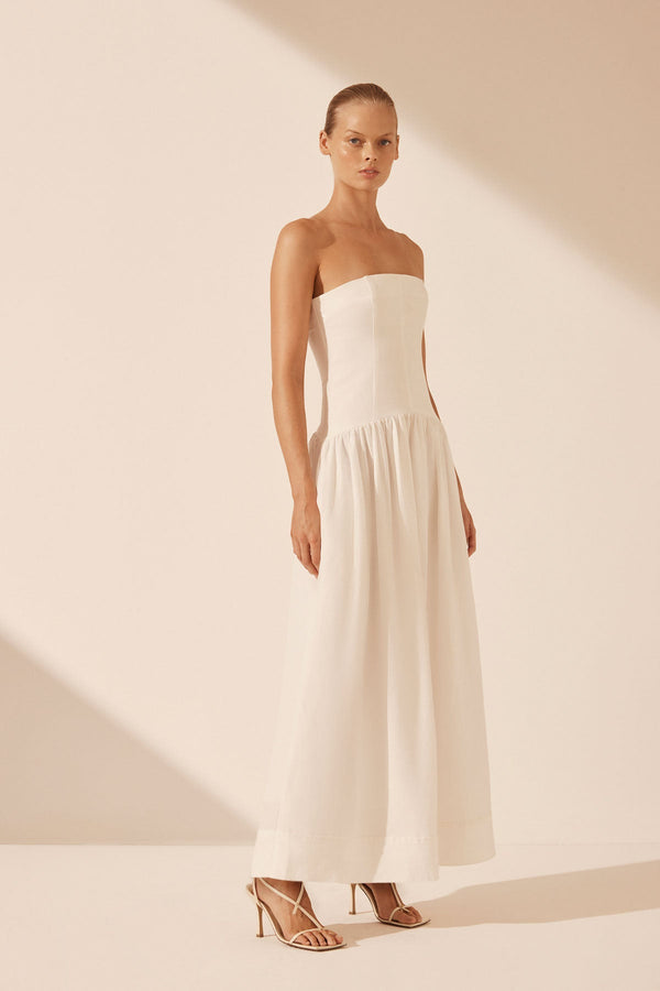 BLANC LINEN STRAPLESS PANELLED MAXI DRESS_A
