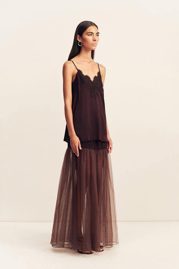 HALO SHEER MAXI SKIRT - ESPRESSO