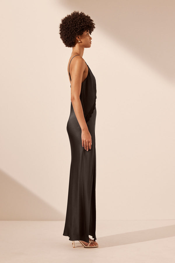 Leticia Silk Cowl Neck Lace Maxi Dress | Black | Dresses | Shona Joy