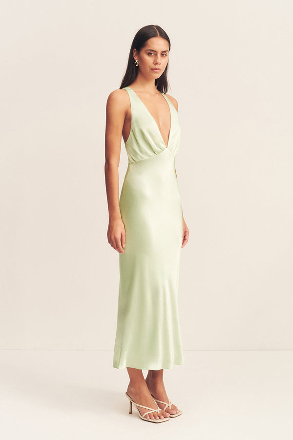LA LUNE PLUNGED CROSS BACK MIDI DRESS - KEY LIME