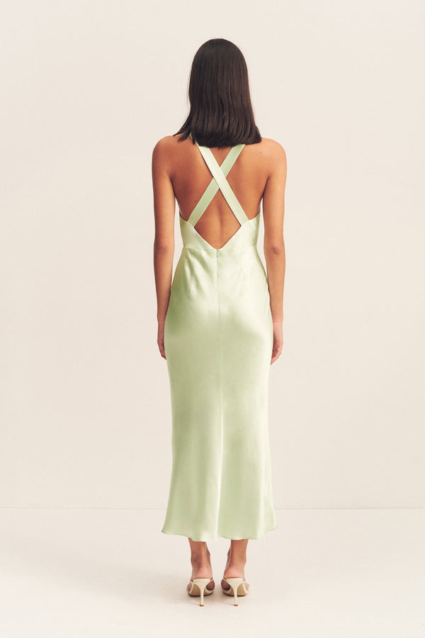 LA LUNE PLUNGED CROSS BACK MIDI DRESS - KEY LIME