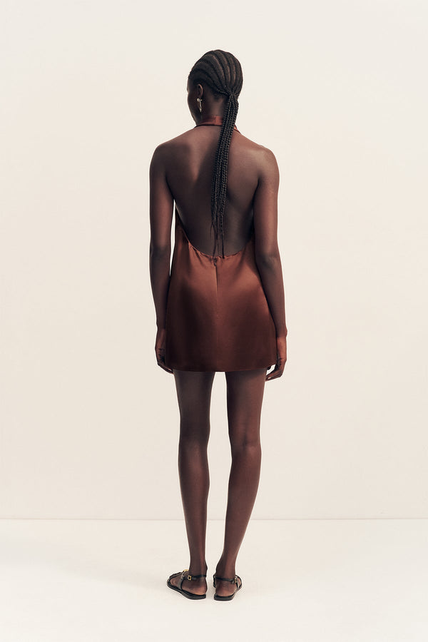 SAVANNA HALTER NECK MINI DRESS - COFFEE