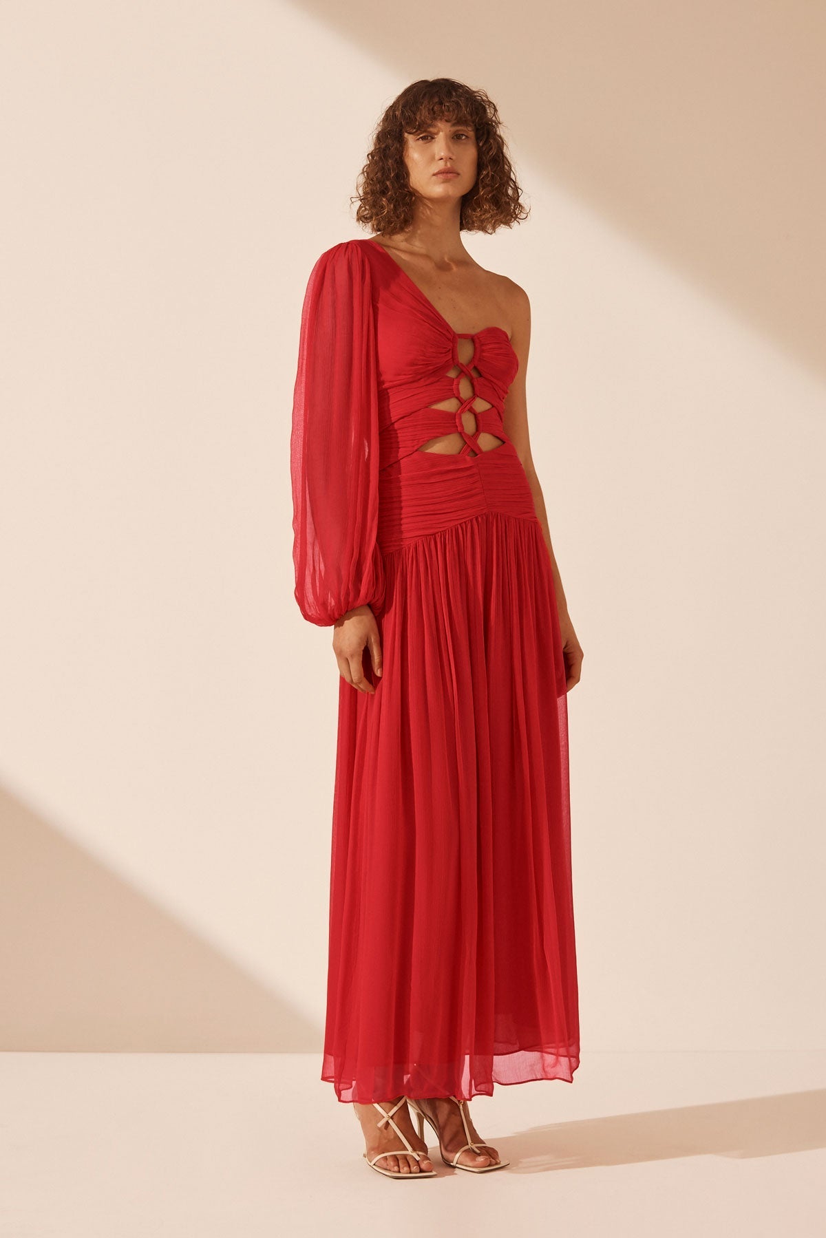 Margot Long Sleeve One Shoulder Lace Up Maxi Dress | Sailor Red | Dresses |  Shona Joy