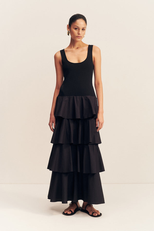 ALIAH SCOOP NECK TIERED MAXI DRESS - BLACK_F