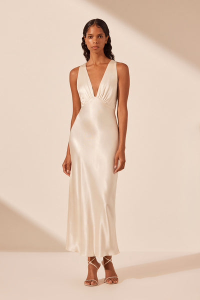 La Lune Plunged Cross Back Midi Dress | Cream | Dresses | Shona