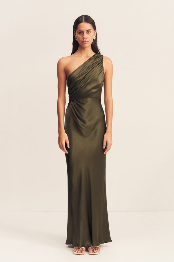 LA LUNE GATHERED ONE SHOULDER MAXI DRESS - FOREST_F