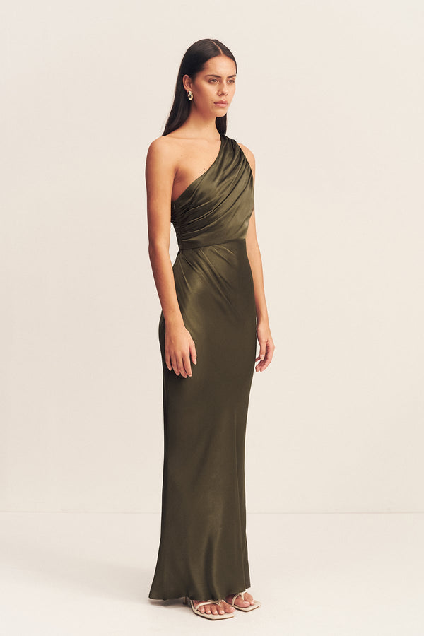 LA LUNE GATHERED ONE SHOULDER MAXI DRESS - FOREST