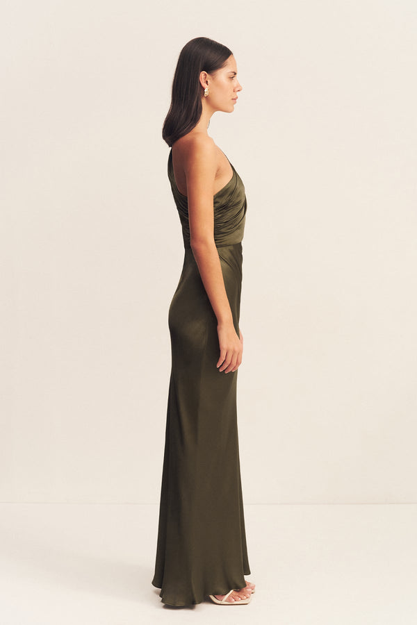 LA LUNE GATHERED ONE SHOULDER MAXI DRESS - FOREST