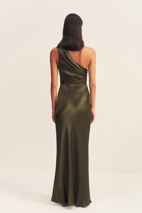 LA LUNE GATHERED ONE SHOULDER MAXI DRESS - FOREST