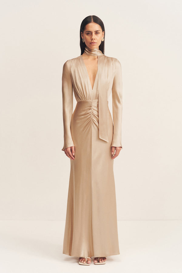 LA LUNE PLUNGED LONG SLEEVE MAXI DRESS - GOLD_F