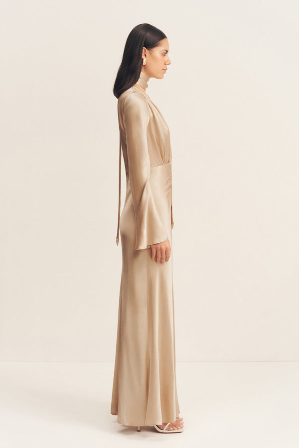 LA LUNE PLUNGED LONG SLEEVE MAXI DRESS - GOLD