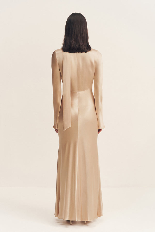 LA LUNE PLUNGED LONG SLEEVE MAXI DRESS - GOLD