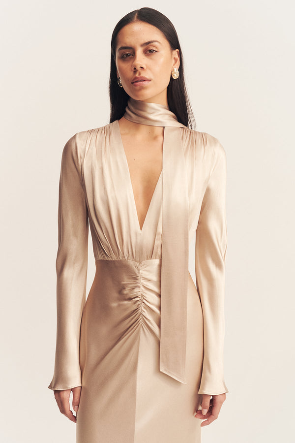 LA LUNE PLUNGED LONG SLEEVE MAXI DRESS - GOLD